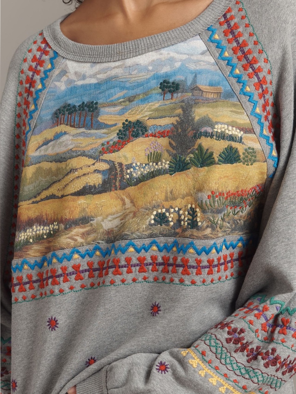 🏜️Anthropologie Embroidered Pullover Sweatshirt Pilcro New Grey XL Landscape - Picture 4 of 14